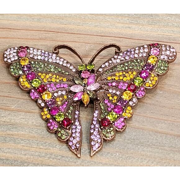 Vintage Gold Tone Multicolored Rhinestone Butterfly Brooch - Picture 1 of 5